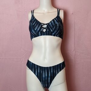 Cupshe Blue Lace Up Dotted Stripes Pattern Bikini size Medium